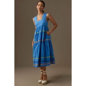 The Helena Square-Neck Tiered Midi Dress Smocked Scallop Blue‎ Motif Medium